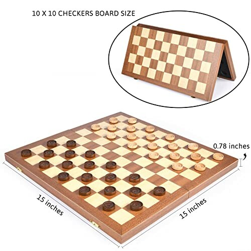 Wooden checkers board set with dimensions and pieces.