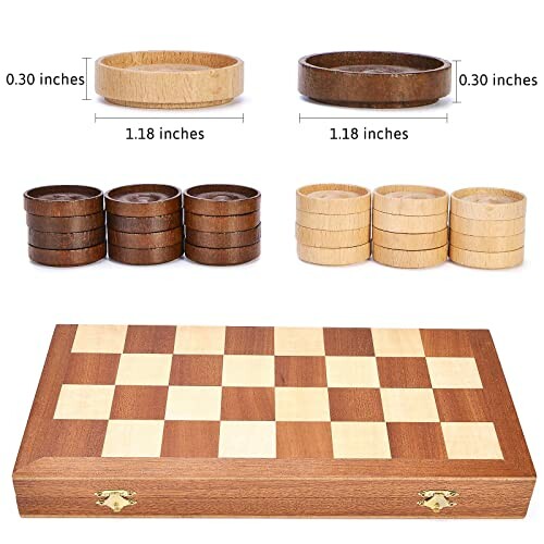 Wooden checkers board with light and dark round pieces and storage box.