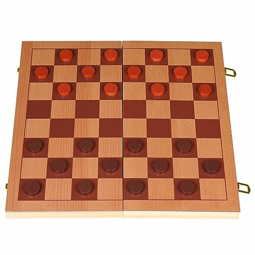 Wooden checkers board with pieces set up for play