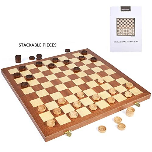 Wooden checkers game set with stackable pieces and instruction booklet.