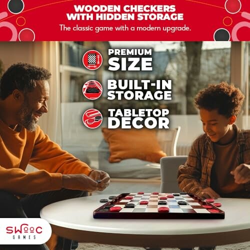 Father and son playing wooden checkers with hidden storage.