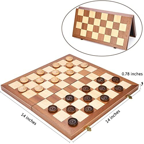 Wooden foldable checkers set with game pieces arranged on board.