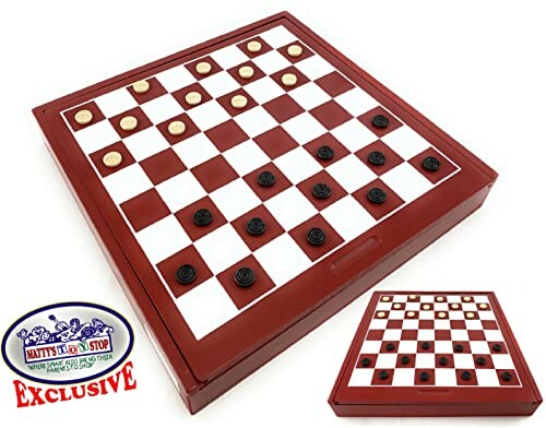 Wooden checkers set with red and white board.