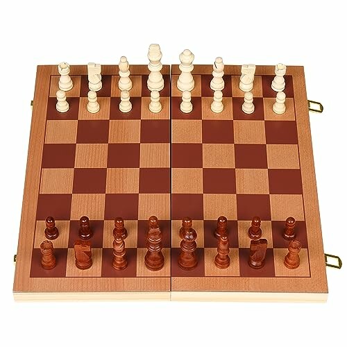 Wooden chess board with pieces set up for a game.