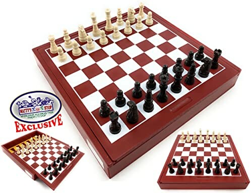 Wooden chess board with pieces set up for play.