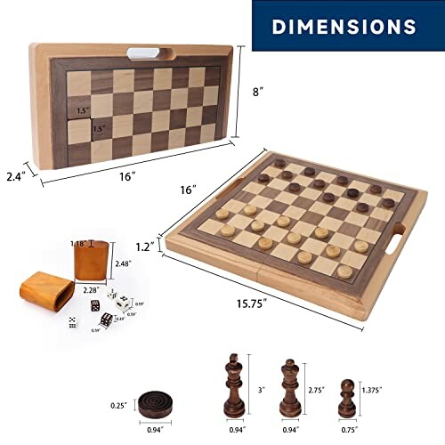 Wooden chess and checkers set with dimensions and pieces.