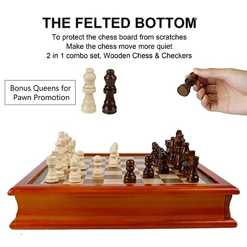 Wooden chess and checkers set with bonus queens for pawn promotion.