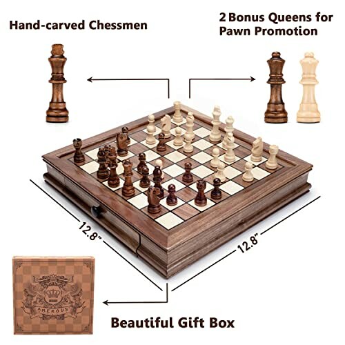 Wooden chess set with hand-carved pieces, bonus queens, and gift box.