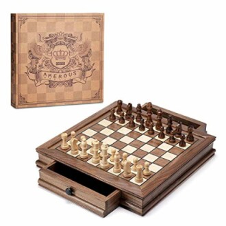 Wooden chess set with built-in drawer and ornate box.