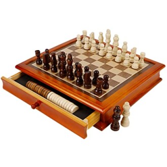 Wooden chess set with storage drawer and pieces