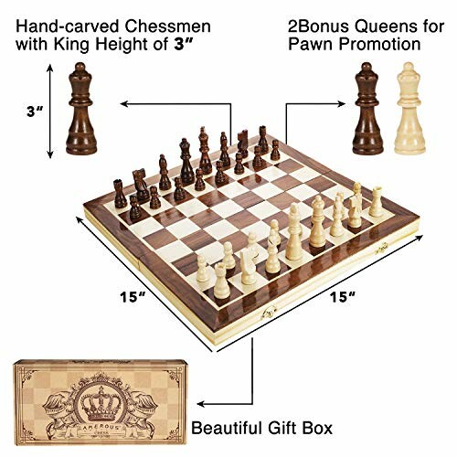 Wooden chess set with hand-carved pieces and gift box.