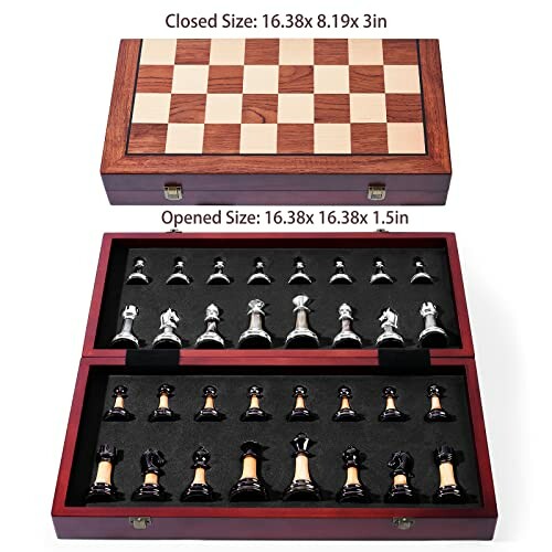 Wooden chess set with pieces in a storage box, closed and open views.