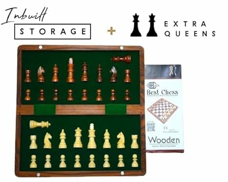 Wooden chess set with inbuilt storage and extra queens.