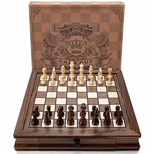 Wooden chess set with pieces arranged on board.