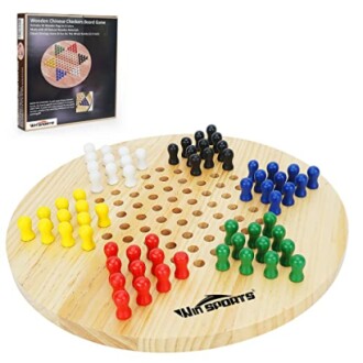 Wooden Chinese checkers board game with colorful pieces.