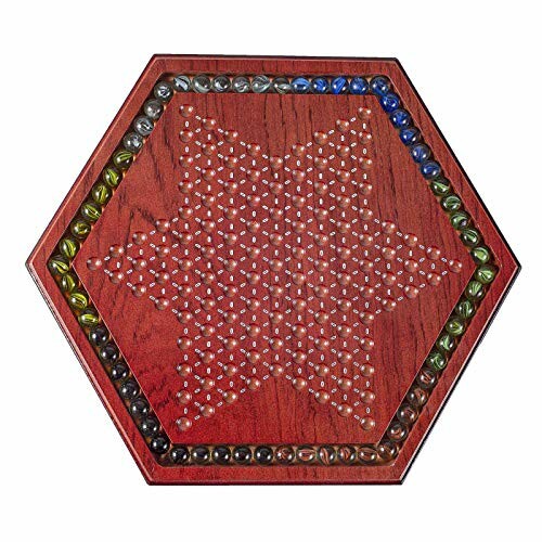 Wooden Chinese checkers set with colorful glass marbles, hexagonal board, and gift box.