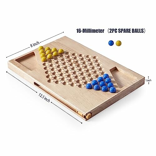 Wooden board game with blue and yellow balls.