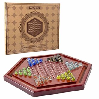 Wooden Chinese checkers set with marbles and board.