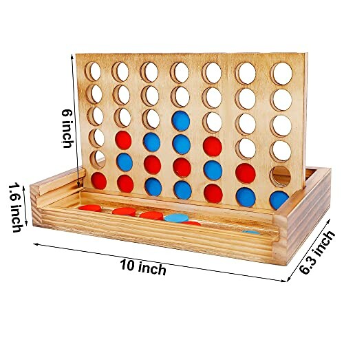 Wooden Connect Four game with red and blue discs