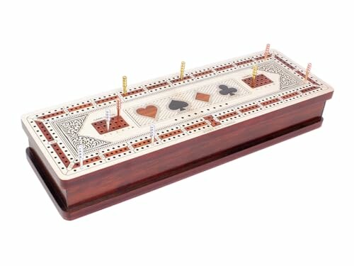 Wooden cribbage board with card suit designs and pegs