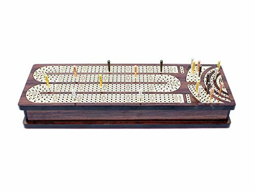 Wooden cribbage board with pegs.