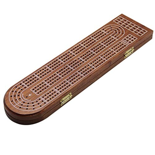 Wooden cribbage board with pegs.