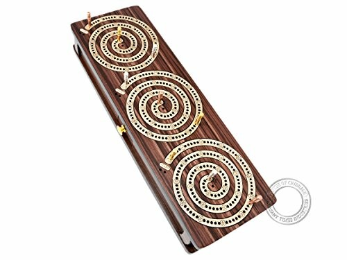 Wooden cribbage board with spiral design and pegs.