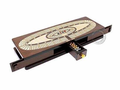 Wooden cribbage board with pegs and storage drawer