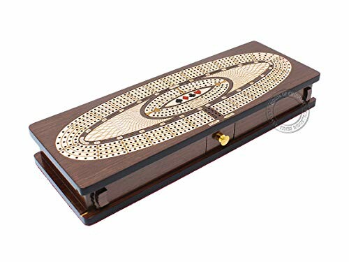 Wooden cribbage board with pegs and storage drawer