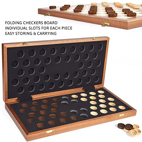 Wooden folding checkers board with individual slots for pieces.