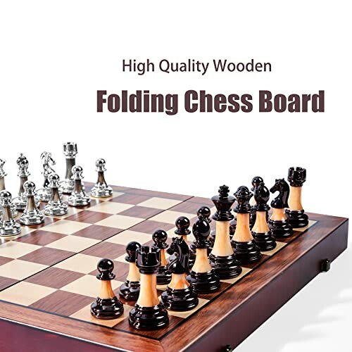 Wooden folding chess board with pieces set up.