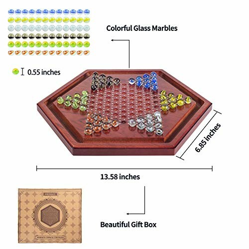 Hexagonal wooden Chinese checkers board with colorful marbles.