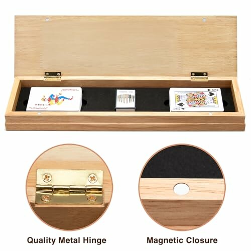 Wooden playing card box with metal hinge and magnetic closure.